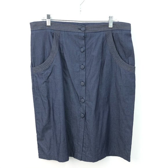 eShakti Blue Button Front Pocket Denim Midi Skirt
